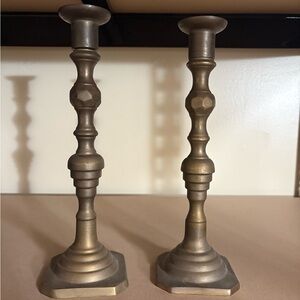 VGT Georgian Style Brass Candle Holders Pair 10'' Tall